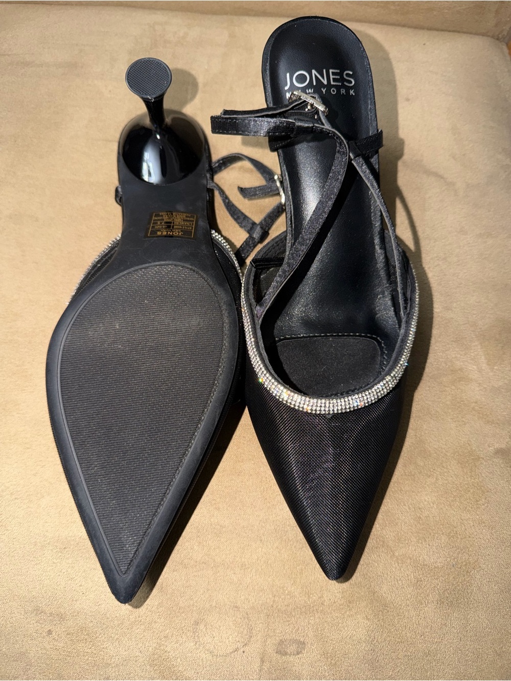 Jones New York Black Pointed Toe Slingback Heels with Rhinestone Trim